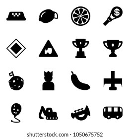 Solid vector icon set - taxi vector, lemon, slice, money torch, main road sign, tractor way, win cup, gold, moon flag, king, banana, milling cutter, balloon smile, excavator toy, horn, bus
