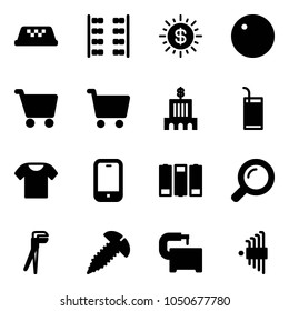 Solid vector icon set - taxi vector, plane seats, dollar sun, record, cart, bank building, drink, t shirt, mobile phone, battery, magnifier, plumber, screw, machine tool, allen key set