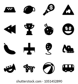 Solid vector icon set - taxi vector, lemon, money torch, tractor way road sign, fast backward, win cup, moon flag, smile, banana, milling cutter, balloon, excavator toy, horn, horse, beach ball, bus