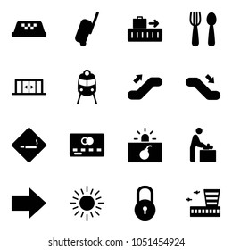 Solid vector icon set - taxi vector, suitcase, baggage, spoon and fork, automatic doors, train, escalator up, down, smoking area sign, credit card, terrorism, baby room, right arrow, sun, lock