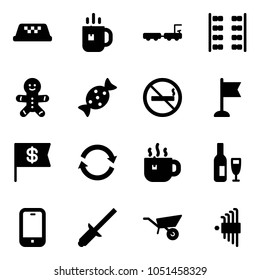 Solid vector icon set - taxi vector, tea, baggage truck, plane seats, cake man, candy, no smoking sign, flag, dollar, refresh, hot, wine, mobile phone, clinch, wheelbarrow, allen key set