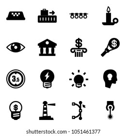 Solid vector icon set - taxi vector, baggage, garland, candle, eye, bank, money torch, limited height road sign, idea, bulb, head, business, lighthouse, bezier, laser