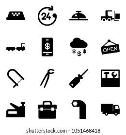 Solid vector icon set - taxi vector, 24 hours, client bell, fork loader, baggage truck, mobile payment, money rain, open, fretsaw, plumber, screwdriver, tool box, stapler, allen key, toy