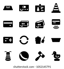 Solid vector icon set - taxi vector, credit card, identity, road cone, tap pay, refresh, bucket scoop, basin, pyramid toy, ball, hammer, duck