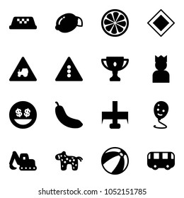 Solid vector icon set - taxi vector, lemon, slice, main road sign, tractor way, traffic light, gold cup, king, money smile, banana, milling cutter, balloon, excavator toy, horse, beach ball, bus