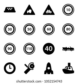 Solid vector icon set - taxi vector, tractor way road sign, for moto, speed limit 10, 30, 50, 60, 80, 90, 110, minimal, cabrio, clock, Angular grinder, rocket, toy boat