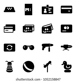 Solid vector icon set - taxi vector, coffee machine, identity, credit card, exchange, sunglasses, drill, pipe welding, pyramid toy, ball, windmill, duck