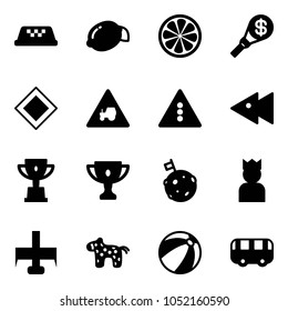 Solid vector icon set - taxi vector, lemon, slice, money torch, main road sign, tractor way, traffic light, fast backward, win cup, gold, moon flag, king, milling cutter, toy horse, beach ball, bus