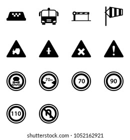 Solid vector icon set - taxi vector, airport bus, barrier, side wind, tractor way road sign, intersection, railway, attention, no dangerous cargo, limited distance, speed limit 70, 90, 110