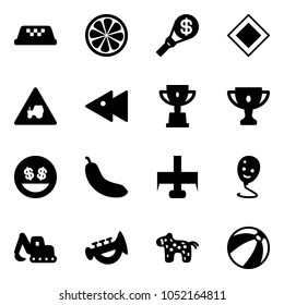 Solid vector icon set - taxi vector, lemon slice, money torch, main road sign, tractor way, fast backward, win cup, gold, smile, banana, milling cutter, balloon, excavator toy, horn, horse