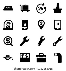 Solid vector icon set - taxi vector, baggage, 24 hours, recieptionist, officer window, mobile payment, dollar pin, money click, wrench, jack, tool box, allen key
