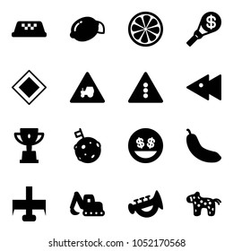 Solid vector icon set - taxi vector, lemon, slice, money torch, main road sign, tractor way, traffic light, fast backward, win cup, moon flag, smile, banana, milling cutter, excavator toy, horn