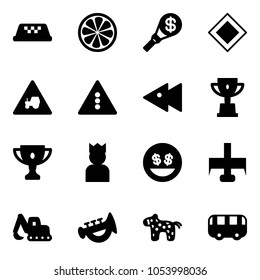 Solid vector icon set - taxi vector, lemon slice, money torch, main road sign, tractor way, traffic light, fast backward, win cup, gold, king, smile, milling cutter, excavator toy, horn, horse, bus