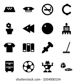 Solid vector icon set - taxi vector, candy, no smoking sign, cent, flower pot, fast backward, record, bank building, t shirt, battery, nail dowel, rake, tool cabinet, soccer ball, robot