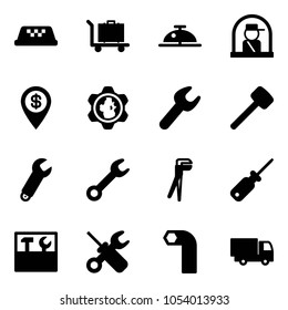 Solid vector icon set - taxi vector, baggage, client bell, officer window, dollar pin, gear globe, wrench, rubber hammer, plumber, screwdriver, tool box, allen key, truck toy