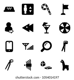 Solid vector icon set - taxi vector, elevator, lollipop, flag, user login, fast backward, drink, parasol, mobile phone, fine signal, magnifier, plumber, allen key set, constructor blocks