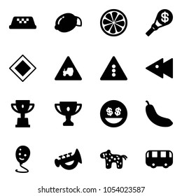 Solid vector icon set - taxi vector, lemon, slice, money torch, main road sign, tractor way, traffic light, fast backward, win cup, gold, smile, banana, balloon, horn toy, horse, bus