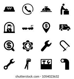 Solid vector icon set - taxi vector, phone, client bell, baby room, officer window, baggage truck, dollar pin, encashment car, money click, gear globe, wrench, fretsaw, plumber, tool box, allen key
