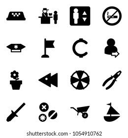 Solid vector icon set - taxi vector, passport control, elevator, no smoking sign, candy, flag, cent, user login, flower pot, fast backward, parasol, pliers, clinch, rivet, wheelbarrow, sailboat toy