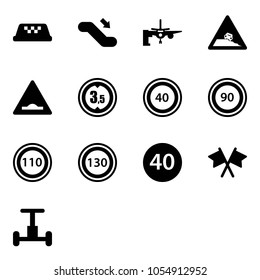 Solid vector icon set - taxi vector, escalator down, boarding passengers, steep roadside road sign, artificial unevenness, limited height, speed limit 40, 90, 110, 130, minimal, flags cross
