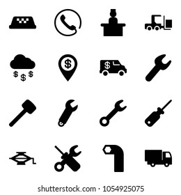 Solid vector icon set - taxi vector, phone, receptionist, fork loader, money rain, dollar pin, encashment car, wrench, rubber hammer, screwdriver, jack, allen key, truck toy