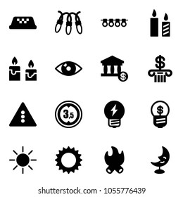 Solid vector icon set - taxi vector, garland, candle, eye, account, bank, traffic light road sign, limited height, idea, business, sun, fire, moon lamp