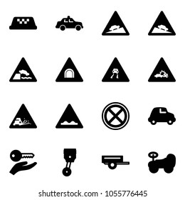 Solid vector icon set - taxi vector, safety car, climb road sign, steep descent, embankment, tunnel, slippery, crash, gravel, rough, no stop, key hand, piston, trailer, baby