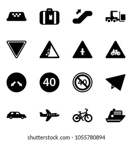 Solid vector icon set - taxi vector, suitcase, escalator up, fork loader, giving way road sign, landslide, intersection, for moto, detour, minimal speed limit, end, paper fly, limousine, plane, bike