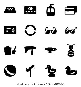 Solid vector icon set - taxi vector, credit card, liquid soap, tap pay, refresh, sunglasses, bucket scoop, drill machine, pipe welding, pyramid toy, ball, windmill, duck