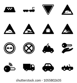 Solid vector icon set - taxi vector, baggage truck, giving way road sign, climb, steep descent, embankment, tunnel, gravel, no overtake, stop, electric car, key hand, wireless, toy