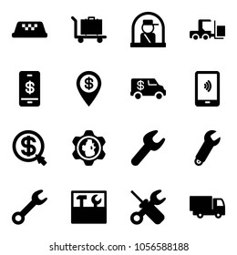 Solid vector icon set - taxi vector, baggage, officer window, fork loader, mobile payment, dollar pin, encashment car, money click, gear globe, wrench, tool box, screwdriver, truck toy