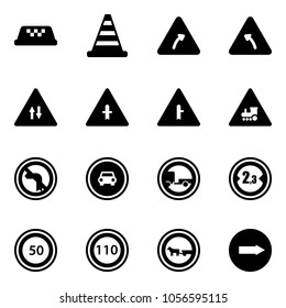 Solid vector icon set - taxi vector, road cone, turn right sign, left, oncoming traffic, intersection, railway, no, car, trailer, limited width, speed limit 50, 110, cart horse, only
