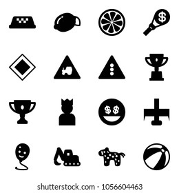 Solid vector icon set - taxi vector, lemon, slice, money torch, main road sign, tractor way, traffic light, win cup, gold, king, smile, milling cutter, balloon, excavator toy, horse, beach ball