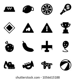 Solid vector icon set - taxi vector, lemon, slice, money torch, main road sign, tractor way, traffic light, win cup, moon flag, banana, milling cutter, balloon smile, excavator toy, horn, horse