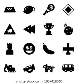 Solid vector icon set - taxi vector, lemon, money torch, main road sign, tractor way, fast backward, win cup, moon flag, king, smile, banana, milling cutter, excavator toy, horn, horse, bus