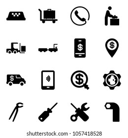 Solid vector icon set - taxi vector, baggage, phone, baby room, fork loader, truck, mobile payment, dollar pin, encashment car, money click, gear globe, plumber, screwdriver, wrench, allen key