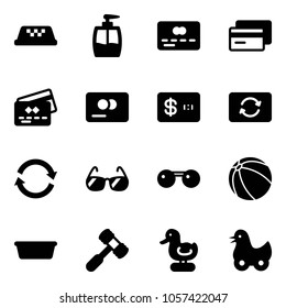 Solid vector icon set - taxi vector, liquid soap, credit card, exchange, refresh, sunglasses, ball, basin, toy hammer, duck