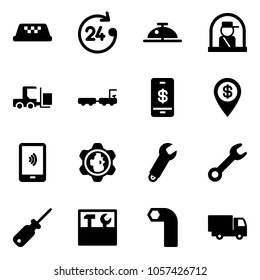 Solid vector icon set - taxi vector, 24 hours, client bell, officer window, fork loader, baggage truck, mobile payment, dollar pin, gear globe, wrench, screwdriver, tool box, allen key, toy