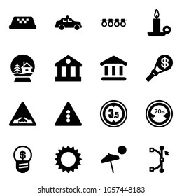 Solid vector icon set - taxi vector, safety car, garland, candle, snowball house, bank, money torch, drawbridge road sign, traffic light, limited height, distance, business idea, sun, beach, bezier