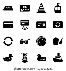 Solid vector icon set - taxi vector, credit card, road cone, liquid soap, tap pay, exchange, refresh, sunglasses, ball, bucket scoop, duck toy, pyramid, boat
