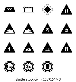 Solid vector icon set - taxi vector, barrier, main road sign, oncoming traffic, climb, steep descent, slippery, pedestrian, intersection, car crash, railway, narrows, no trailer, limited height