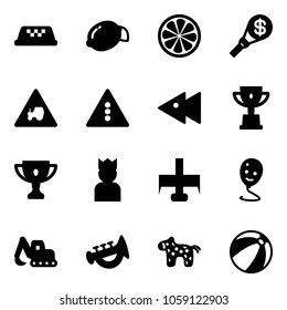 Solid vector icon set - taxi vector, lemon, slice, money torch, tractor way road sign, traffic light, fast backward, win cup, gold, king, milling cutter, balloon smile, excavator toy, horn, horse