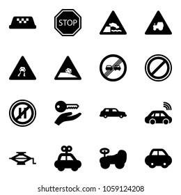 Solid vector icon set - taxi vector, stop road sign, embankment, tractor way, slippery, steep roadside, end overtake limit, no parking, even, key hand, limousine, car wireless, jack, toy, baby