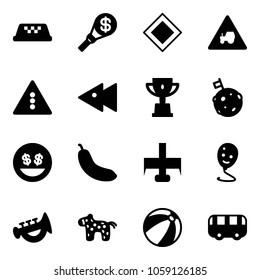 Solid vector icon set - taxi vector, money torch, main road sign, tractor way, traffic light, fast backward, win cup, moon flag, smile, banana, milling cutter, balloon, horn toy, horse, beach ball