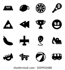 Solid vector icon set - taxi vector, lemon, slice, money torch, tractor way road sign, fast backward, gold cup, smile, banana, milling cutter, balloon, excavator toy, horn, horse, beach ball, bus