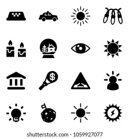 Solid vector icon set - taxi vector, safety car, sun, garland, candle, snowball house, eye, bank, money torch, drawbridge road sign, idea, bulb, moon flag, power