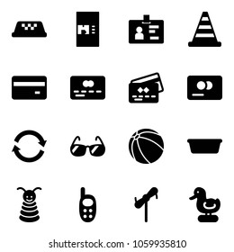 Solid vector icon set - taxi vector, coffee machine, identity, road cone, credit card, refresh, sunglasses, ball, basin, pyramid toy, phone, windmill, duck