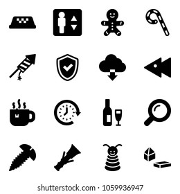 Solid vector icon set - taxi vector, elevator, cake man, lollipop, firework rocket, shield check, download cloud, fast backward, hot tea, clock around, wine, magnifier, screw, dowel, pyramid toy