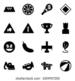Solid vector icon set - taxi vector, lemon slice, money torch, main road sign, tractor way, traffic light, gold cup, king, smile, banana, milling cutter, balloon, excavator toy, horn, horse