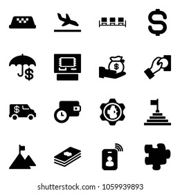 Solid vector icon set - taxi vector, arrival, waiting area, dollar sign, insurance, atm, investment, cash pay, encashment car, wallet time, gear globe, pyramid flag, mountain, identity card, puzzle